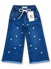 Girls  Embroidered Heart Wide-Leg Denim Jeans