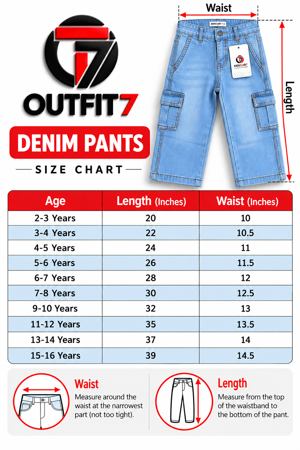 Boys Premium Blue Denim Jeans | Classic Straight Fit Size Chart