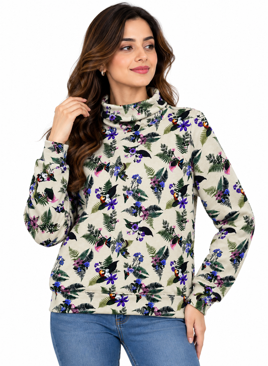 Women Printed Mock Neck Sweatshirt | Floral & Botanical Print