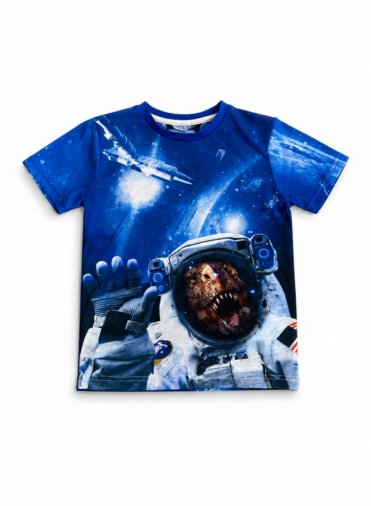 Boys Blue Astronaut Dinosaur Graphic T-Shirt
