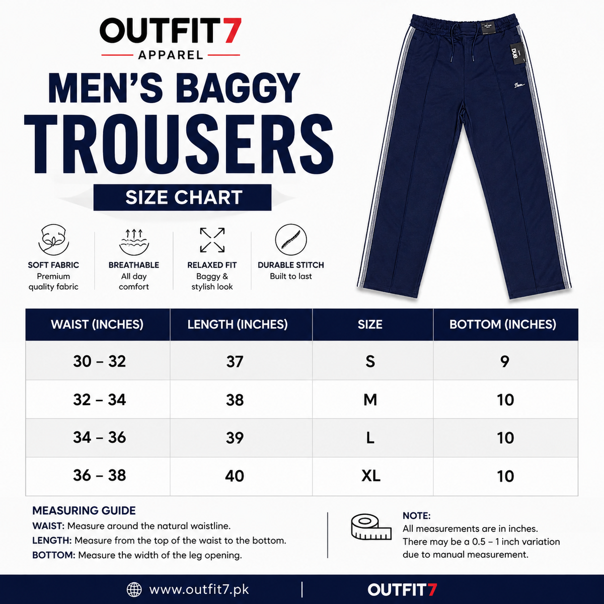 Men's Navy Baggy Trousers with Side Stripes – Relaxed Fit Size Chart