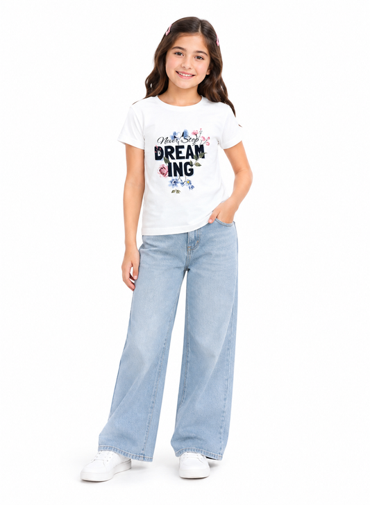 Girls Never Stop Dreaming Floral Graphic T-Shirt – White