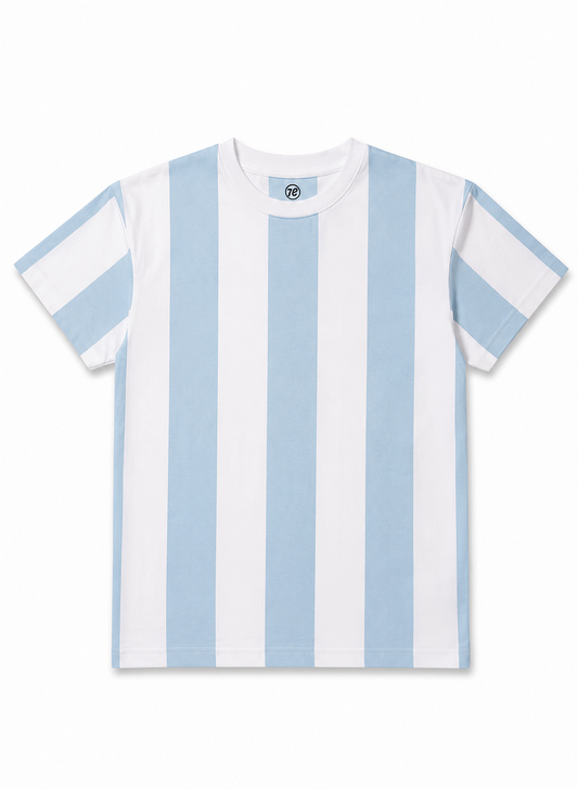 Boys Sky Blue & White Vertical Striped Cotton T-Shirt