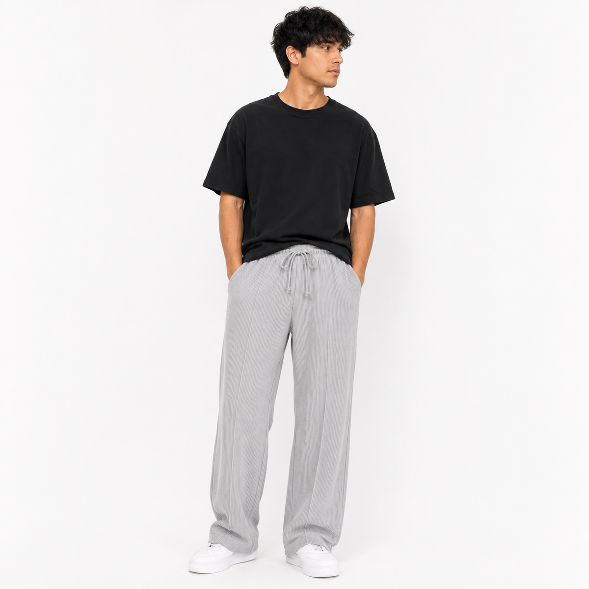 Men’s Ribbed Wide Leg Lounge Trousers – Light Grey
