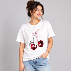 Cherry Graphic Oversized Women’s T-Shirt – White Casual Tee