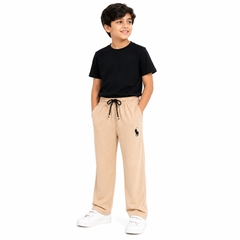 Kids Beige Wide Leg Cotton Trousers with Embroidered Logo