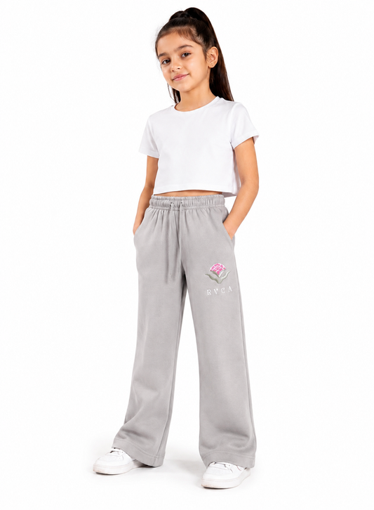 Girls’ Wide Leg Fleece Trousers with Floral Embroidery – 100% Cotton Fleece