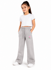 Girls’ Wide Leg Fleece Trousers with Floral Embroidery – 100% Cotton Fleece