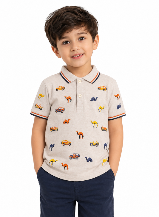Premium Boys’ Embroidered Camel & Jeep Polo Shirt